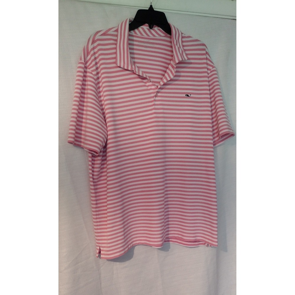 Vineyard Vines Men's XXL Pink & White Performance Polo Striped Whale Logo Shirt